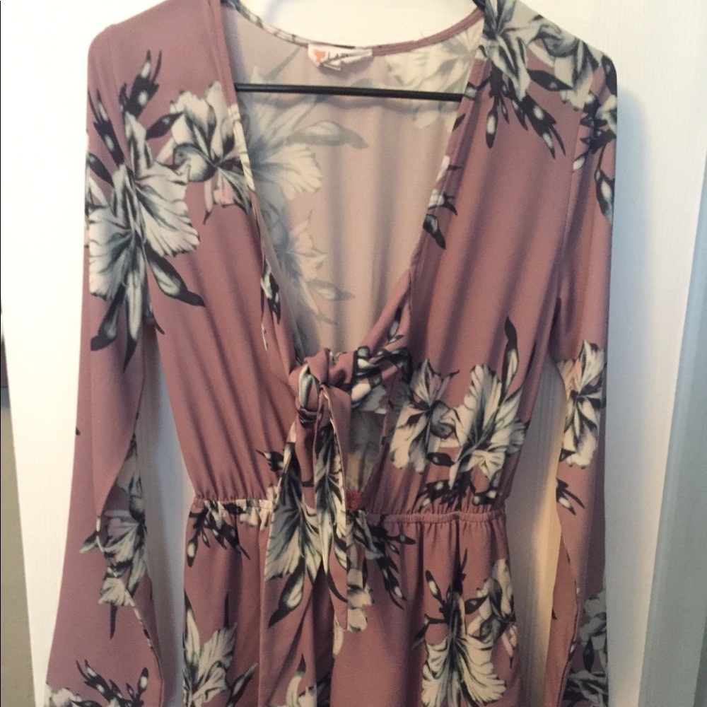Blush, floral romper with front tie.